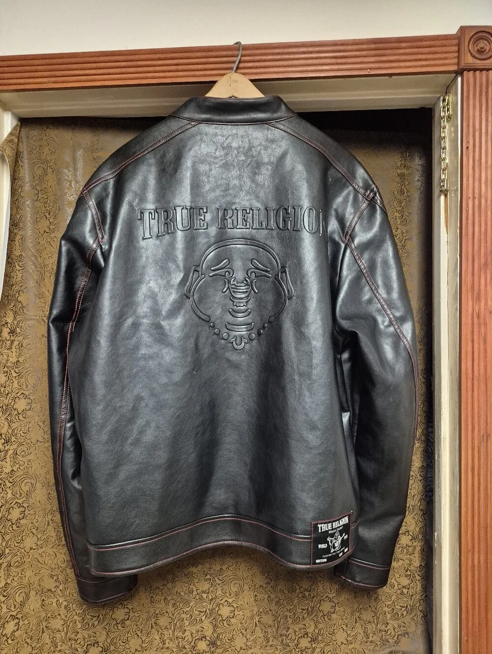 True Religion Black Leather Bomber Jacket with Red Stitching